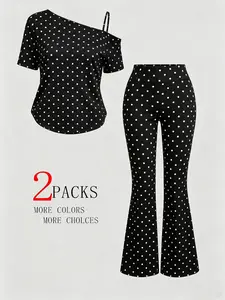 Women's Polka Dot Off-Shoulder Blouse + Micro Flare High Waist Pants Set, French Vintage Slimming Fit, Spring & Fall Fashion