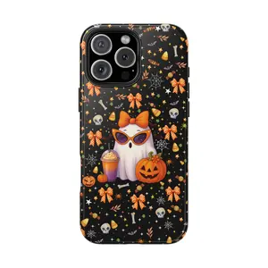 Spooky Cute Ghost Drinking Iced Coffee Pumpkin  Spice Halloween Bow Tough Phone Cases