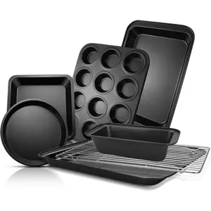 Bakeware Sets, Baking Pans Set, Nonstick Oven Pan for Kitchen with Wider Grips, 7-Piece with Round/Square Cake Pan, Loaf Pan, Muffin Pan, Cookie Sheet, Roast Pan, Cooling Rack, Carbon Steel Bake Birthday Classic
