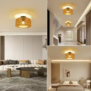 1 Pc Boho Light Fixtures Ceiling Mount,Mini Rattan Chandelier Light Fixture with Dimmable LED Bulb,Hand Woven Ceiling Light Fixtures Flush Mount for Hallway Bedroom Kitchen Entryway Living Room