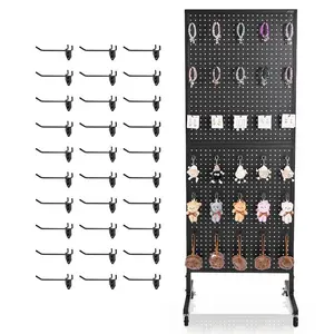 VEVOR Standing Pegboard 23.6x 63 in Pegboard Stand with Swivel Casters and 30 Hooks, Thickened Cold-Rolled Steel Peg Board Panel for Grocery, Retail Store and Jewelry Shop, Black