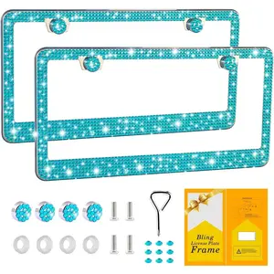 Bling License Plate Frame for Women,2 Pack  Stainless Steel Rhinestone  License Plate Holder, Glitter   Lincense Plate Cover,Bedazzled Sparkly Caps-Aquamarine