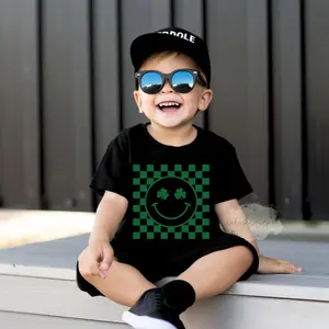 St Patrick's T-Shirt for Youth, Checkered Happy Face Shamrock Shirt, Lucky Shirt, Youth St Paddys Shirt, Retro Smile Shirt