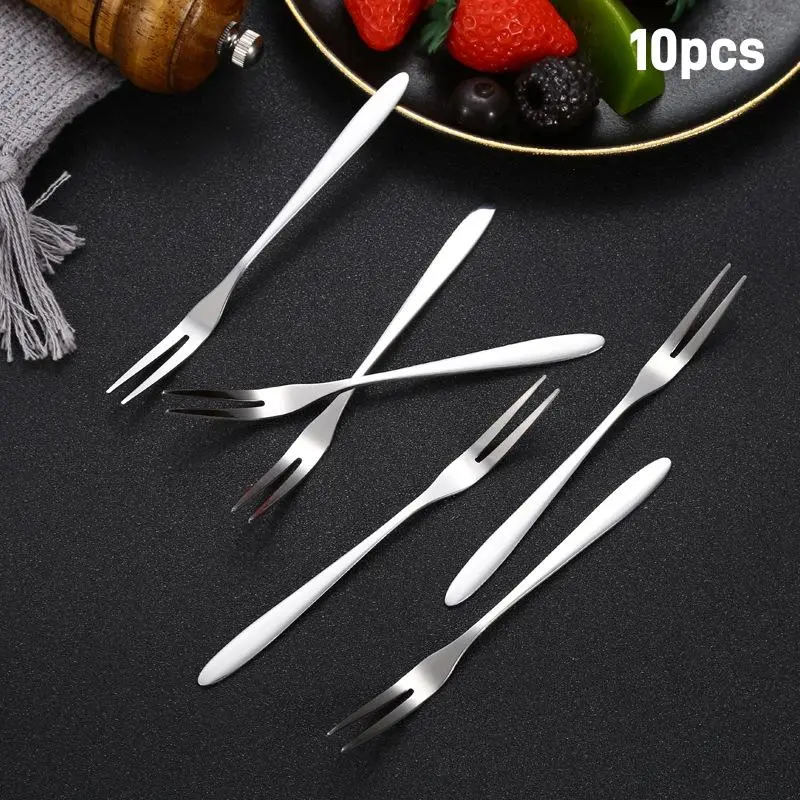 10pcs Stainless Steel Fruit Forks, Mini Dessert Forks, Modern Outdoor Picnic Reusable Forks