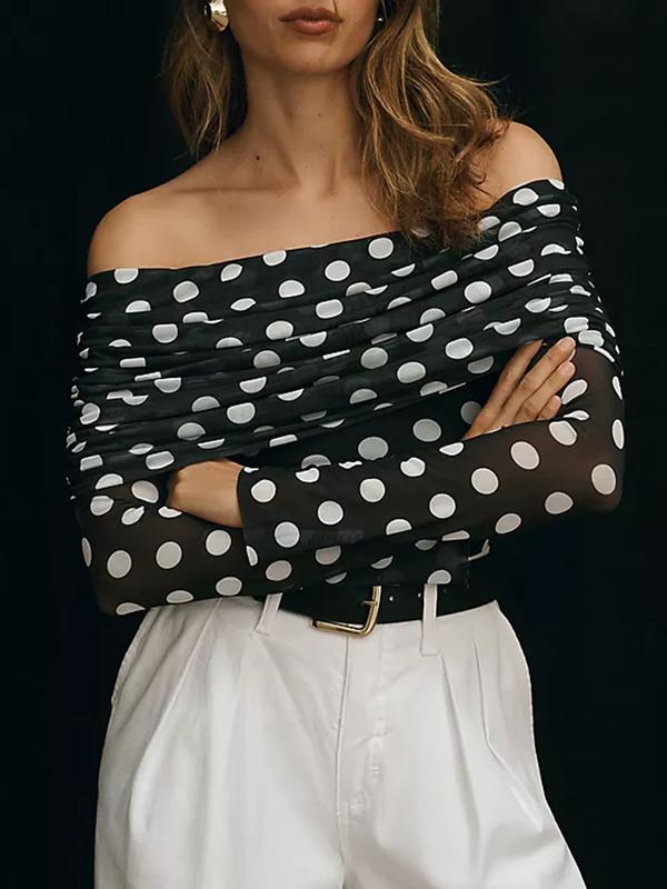 Women's Casual Polka Dot Print off Shoulder Short Top, Fitted Style, Moderate Fabric Thickness, All Seasons Wear