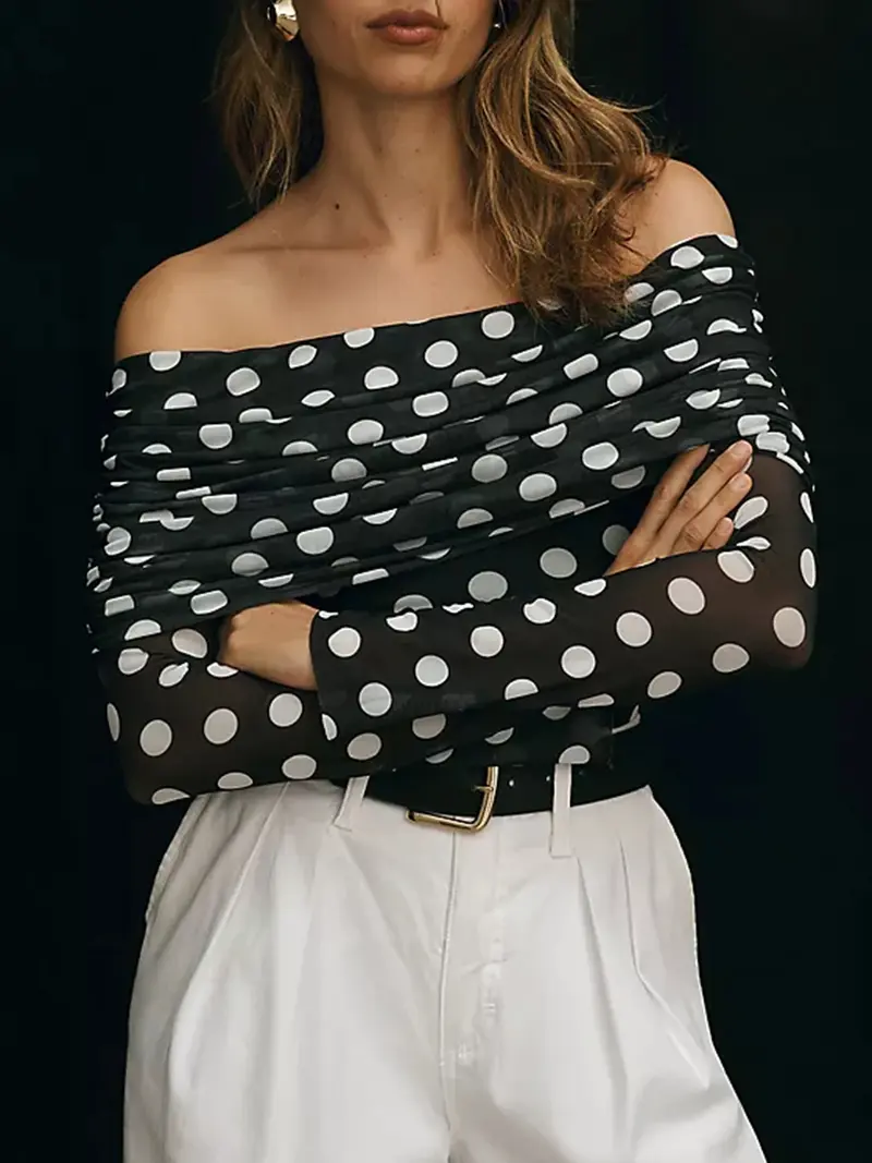 Women's Casual Polka Dot Print off Shoulder Short Top, Fitted Style, Moderate Fabric Thickness, All Seasons Wear