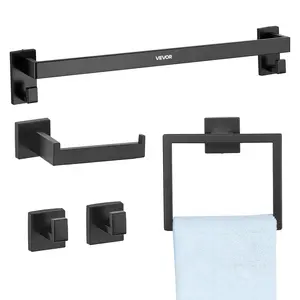 VEVOR Matte Black Bathroom Hardware Set, 5 Pieces Stainless Steel Bathroom Accessories Set, 24-inch Towel Bar, Towel Rack, 2 Robe Towel Hooks, Toilet Paper Holder, for Bath Room, Wall Mounted