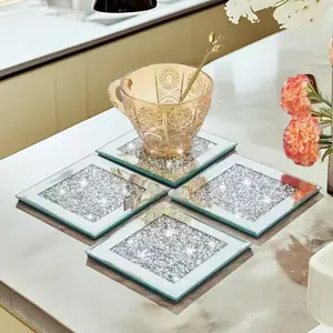 2pcs/4pcs Square Crystal Diamond Glass Coasters, Fashionable High-End Glass Mirrors, Perfect for Tea Coffee Party Table Home Decor