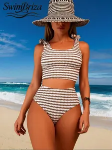 Briza｜Women's Summer Swimsuit Set, Beachwear, Striped Knotted Strap Design, Perfect For Outdoor Activities, Beach Vacations, Women's Wear, Elastic And Comfortable Fabric