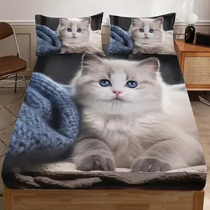 3pcs Cute Cat Pattern Bedding Set, High-Definition Digital Print, 100% Polyester, Ideal for All Seasons