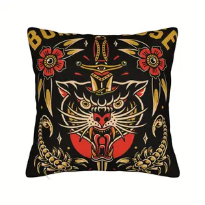 BIIHUIHU Decorative Throw Pillow Cover - Creative Decorative Cushion, Bold Tattoo Design with Lion & Crown, Black Background with Golden Accents, Zippered, Machine Washable, Perfect for Sofa & Living room Decor