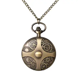 OIDEA Antique Bronze Gear Embossed Quartz Pocket Watch with Arabic Numeral Dial & 30.7" Necklace Chain
