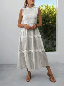 Women's Summer Daily French Resort Style Stripe Smocked Lace Patchwork Ruffled Mock Neck Dress Home Outdoor City Regular Trendy Casual Elegant Youthful Simple Versatile Textured Stylish Literary