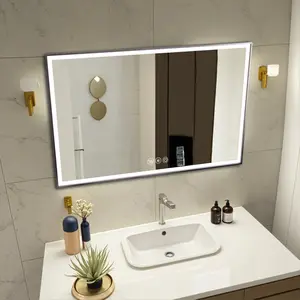 48x32in LED Framed Bathroom Vanity Mirror with 45° Beveled Angle Lights 3-Color Dimming Anti-Fog Tempered Glass Modern Decor
