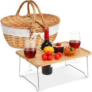Picnic Basket with Foldable Wine Table Kit, Handmade Wicker Basket with Lid Handle Portable Bamboo Tray Table for 2 Outdoor Camping Picnic Wine Set Gift for Couples (White)