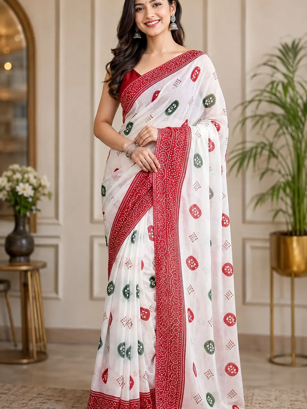Chiffon Printed Saree - Elegant Lightweight Floral & Geometric Design for Casual & Semi-Formal Occasions, Soft Sheer Fabric, Flowy Drape, Perfect for Parties & Festive Gatherings - Womenswear Clothes Costumes