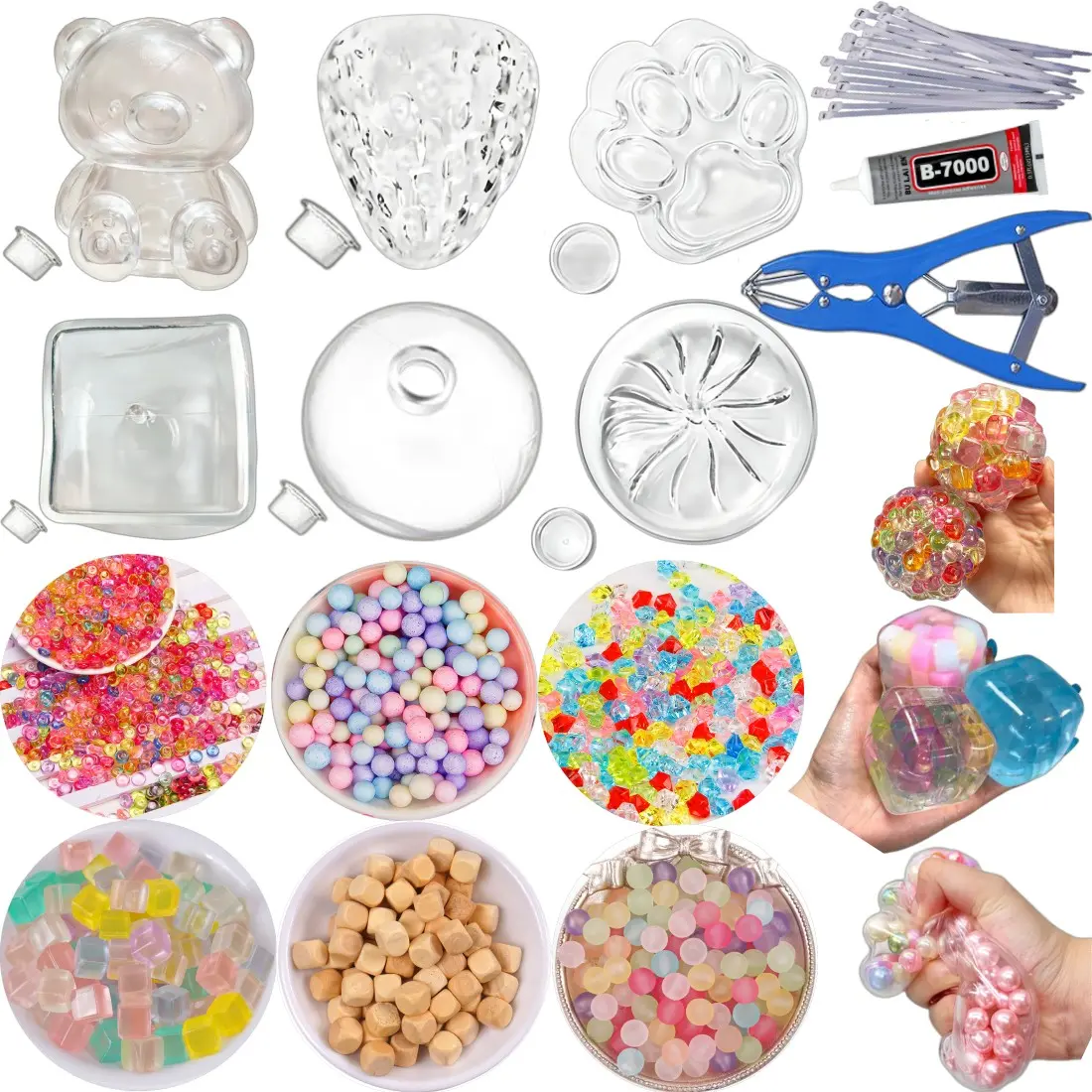 DIY Stress Ball Making Kit, 6 Squishy Mold Shapes (Bear/Cube/Strawberry/Dumpling/Cat Paw/Round) with 6 Colorful Filler Packs, 15ml Glue, Ideal for Adults and Beginners, DIY Stress Ball Squishies, Squishy Stress Relief Toys