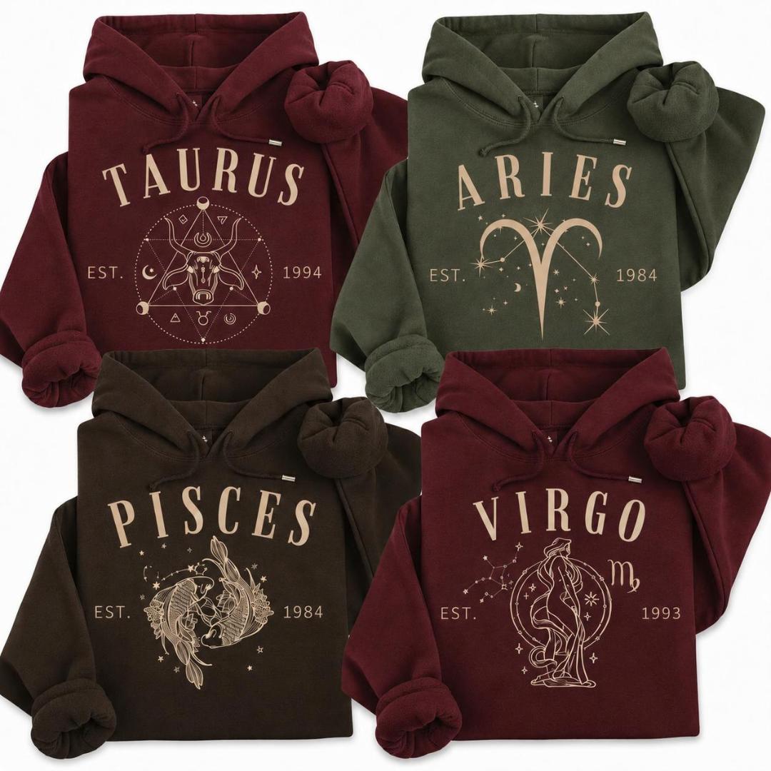Full 12 Zodiac Unisex Hoodie, Taurus Aries Pisces Virgo Astrology Pullover, Vintage Celestial Graphic Sweatshirt, Birthday Gift for Women and Zodiac Lovers Apparel Made In The USA – MonkeyGraphic Apparel Long Sleeve 01