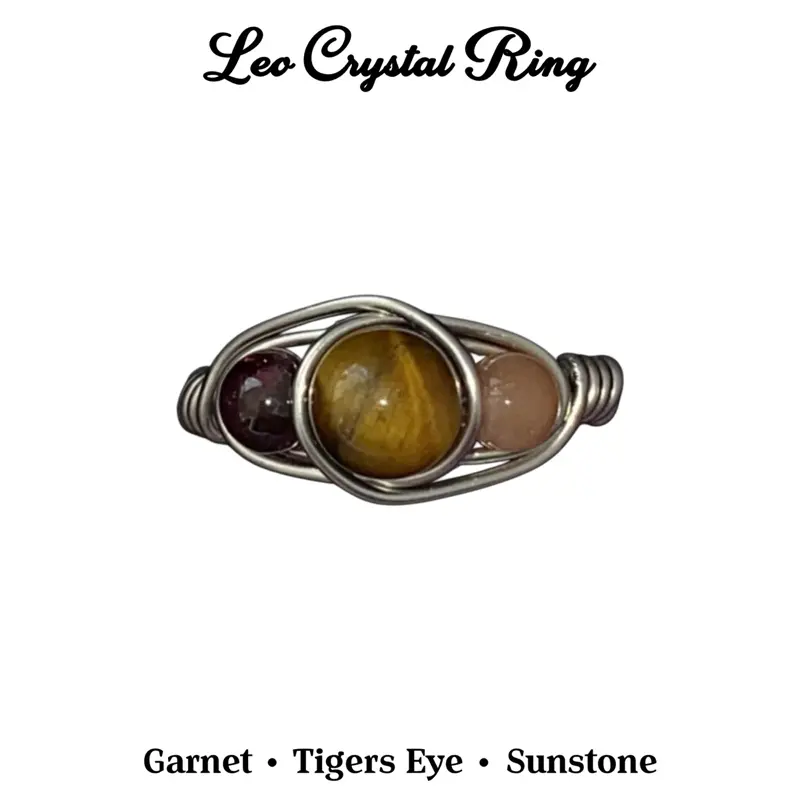 Leo Zodiac Crystal Ring, Sunstone Tiger’s Eye Garnet Ring, Leo Birthstone Ring, July August Zodiac Jewelry