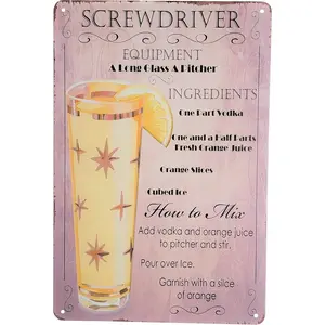 8" x 12" Popular Cocktails and Drink Mix Recipes Menu on Metal Tin Sign Wall Decor Plaque Poster (SCREWDRIVER)