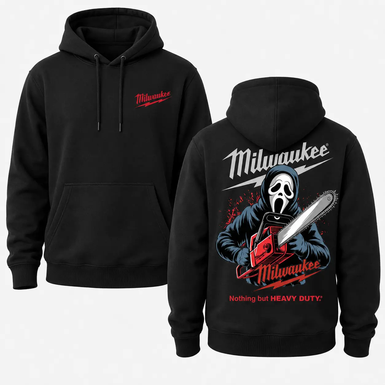 Milwaukee Ghost Face Chainsaw Hoodie, 2 Sided Halloween Graphic Hoodie, Heavy Duty Tool Lover Sweatshirt, Horror Movie Inspired Pullover, Spooky Season Gift