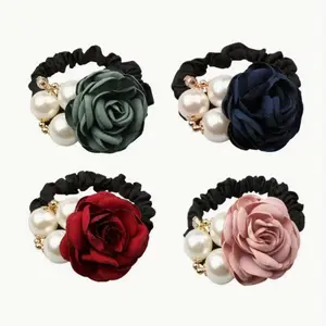 4Pcs Fashion Pearl Hair Rope, Fashion Rose Flower Rhinestone Headband with Pearl and Elastic Band, Rose Flower Rhinestone Hair Ties/ Jewelry Rubber Band, Handmade Rose Flower Stretchy Rubber Elastics Hair Ties Ropes, Hair Bands