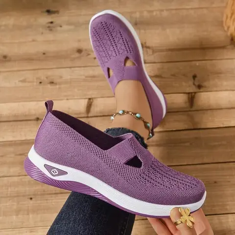 Rain Core Women's Airy Cut-Out Knit Wedge Slip-On Sneakers - Stylish Walking Shoes with Knit Upper, Light EVA Sole, Embroidery, Cut-Out Design, Cloud-Soft Wedge, All-Day Walk Ease, Summer Outdoor Casual Footwear