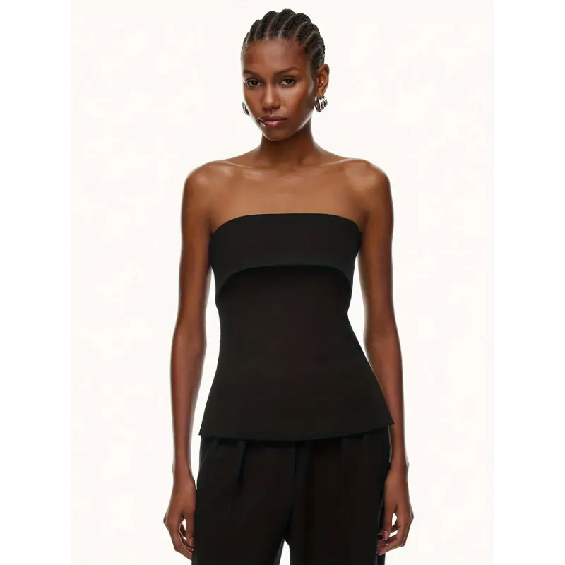 Chic Women's Sleeveless Strapless Brown Bandeau Top with Elegant Side Slit - Solid Color, Ruched Detail, Perfect for All Seasons, Machine Washable