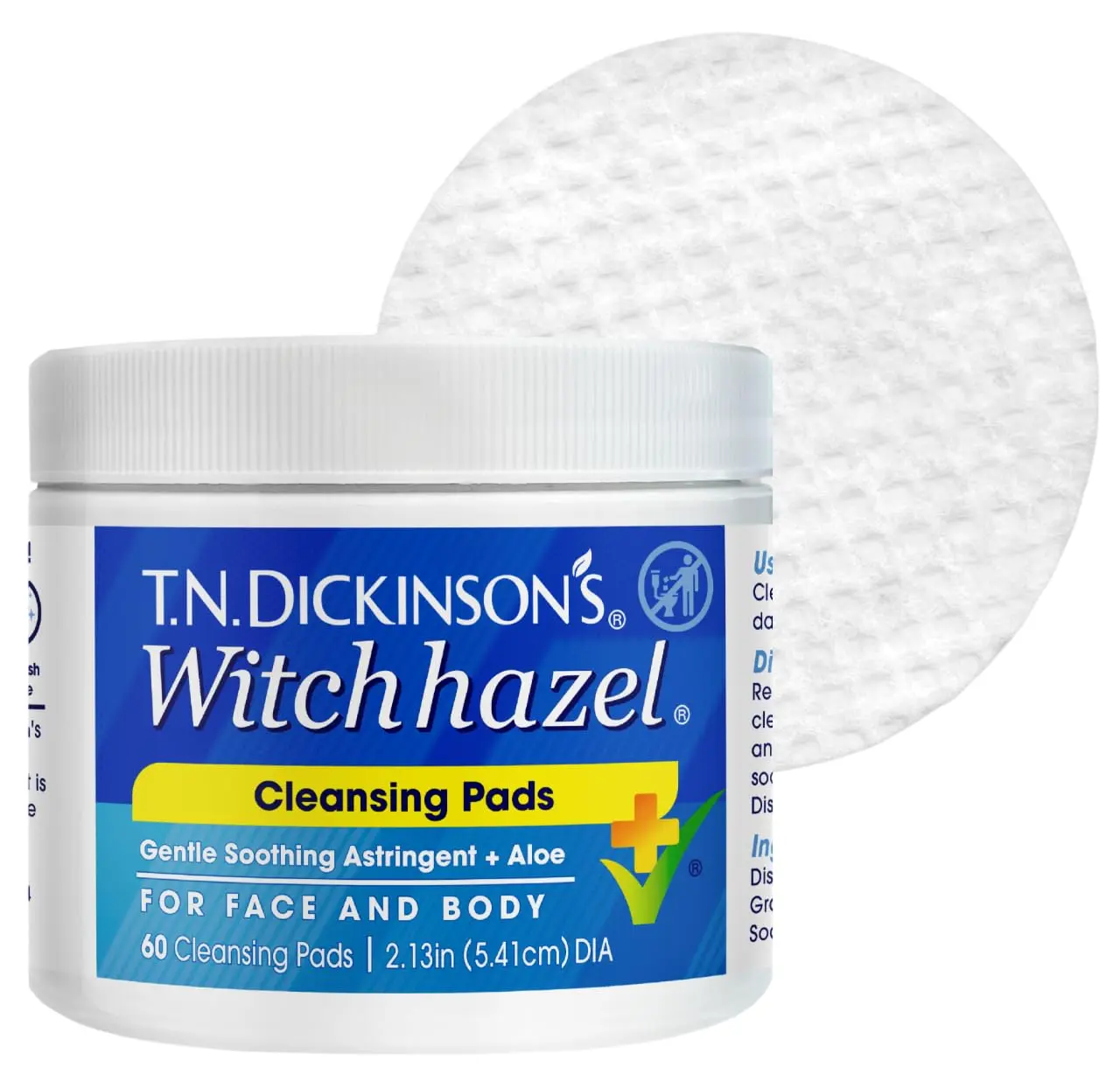 T.N. Dickinson's Cleansing Pads |100% Natural Witch Hazel + Aloe| 60 Count | Cleanses, Soothes & Refreshes Skin; for Face & Body Use