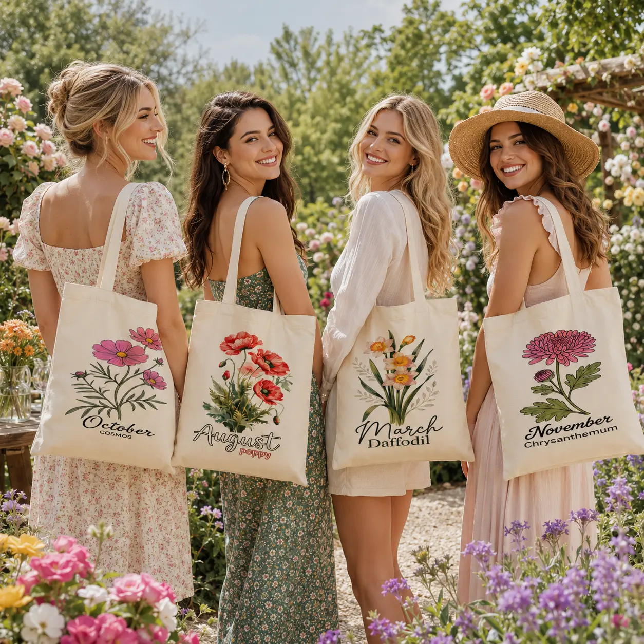 Women's Personalized Birth Flower Canvas Tote Bag - Reusable Women's Handbag, Bachelorette Bridesmaid Gift, Custom Birth Month Flower Present, Reusable Women's Handbags