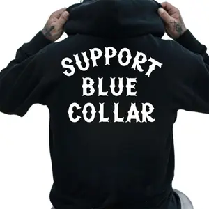 Men's Letter Support Blue Collar Hoodie, Back Side Printed Streetwear, Workwear Shirt, Trendy Mechanic Apparel, Casual Comfortable Blue Collar Hoodie, Gift For Workers