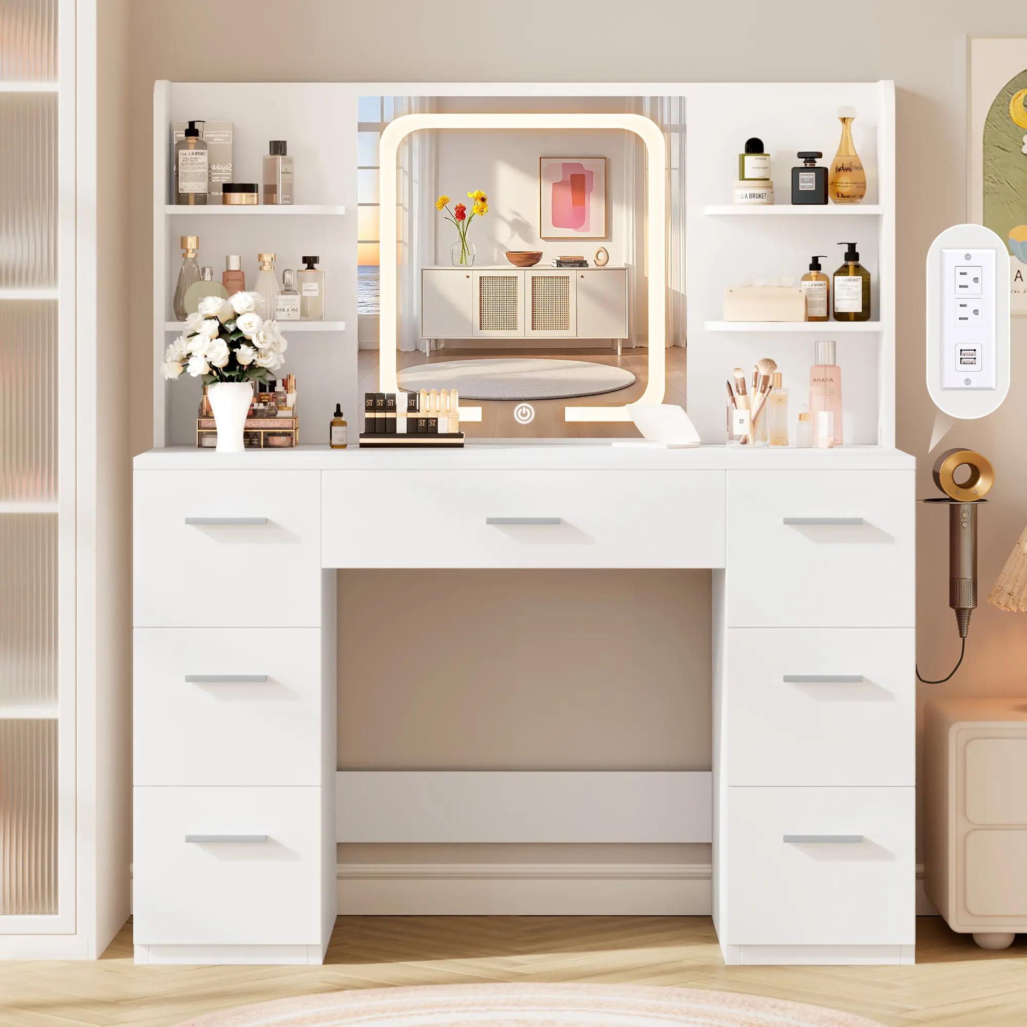 Large Symmetrical LED Dressing Table - White