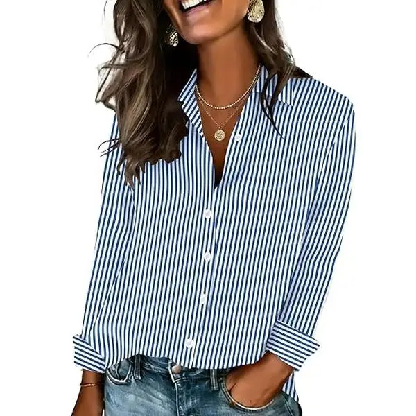 ZEAGOO Women's Collared Stripe Shirts, V-Neck Lantern Long Sleeve Button Down Business Casual Blouse for Work Office, Business Casual Tops