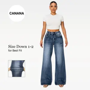 CANANA Women's Plus Size High-Waisted Stretch Wide Leg Flared Baggy Denim Jeans Dark Wash '90s Retro Style Casual Trousers with Zipper Comfortable for Office & Streetwear SH25F12 #TikTokShopSpringGlowUp