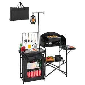 VEVOR Camping Kitchen Table, Outdoor Camp Cooking Table, Aluminum Portable Cook Station with 3 Storage Cupboard, Carrying Bag, Detachable Windscreen, Quick Set-up for BBQ Party Picnic RV Travel, Black