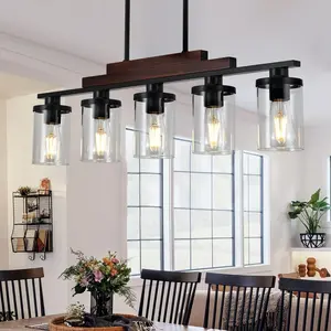 Dining Room Light Fixture Chandelier Over Table 5-Light Kitchen Island Hanging Lighting Farmhouse Linear Matte Black Rustic Wood Ceiling Pendant Light with Clear Glass Shade