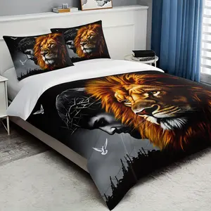 3-Piece Wildman & Lion Print Bedding Set with Zipper, Comfortable Bedding for Bedroom and Guest Room, Includes 1 Fitted Sheet + 2 Pillowcases