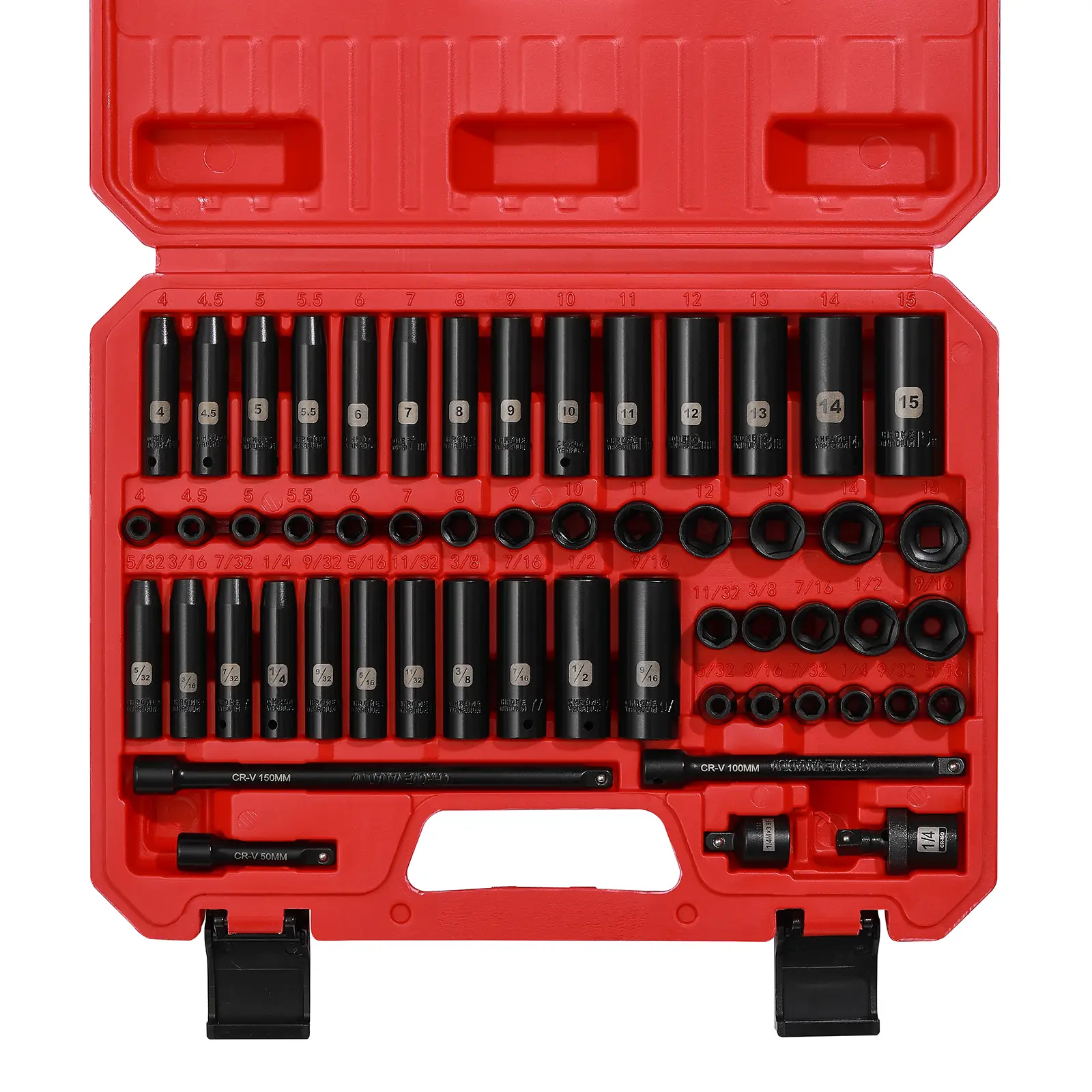 55PCS 1/4 Inch Drive Master Impact Socket Set, Metric/SAE, Deep/Shallow, 6 Point, CR-V, 5/32 Inch - 9/16 Inch, 4mm - 15mm, with Extensions,Adapters,Un