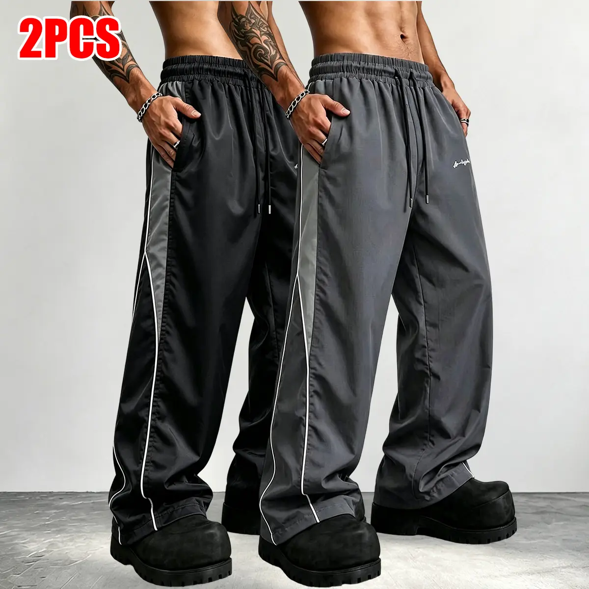 2-pack men’s casual wide-leg pants with contrasting color reflective strips, smooth fabric, side stripes, American high-street style, suitable for daily commuting, trendy and versatile design