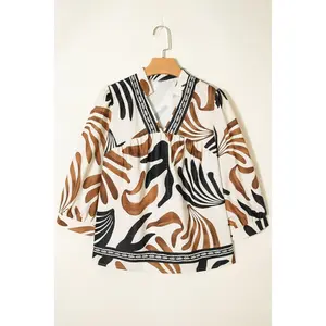 Abstract V-Neck Puff Sleeve Blouse