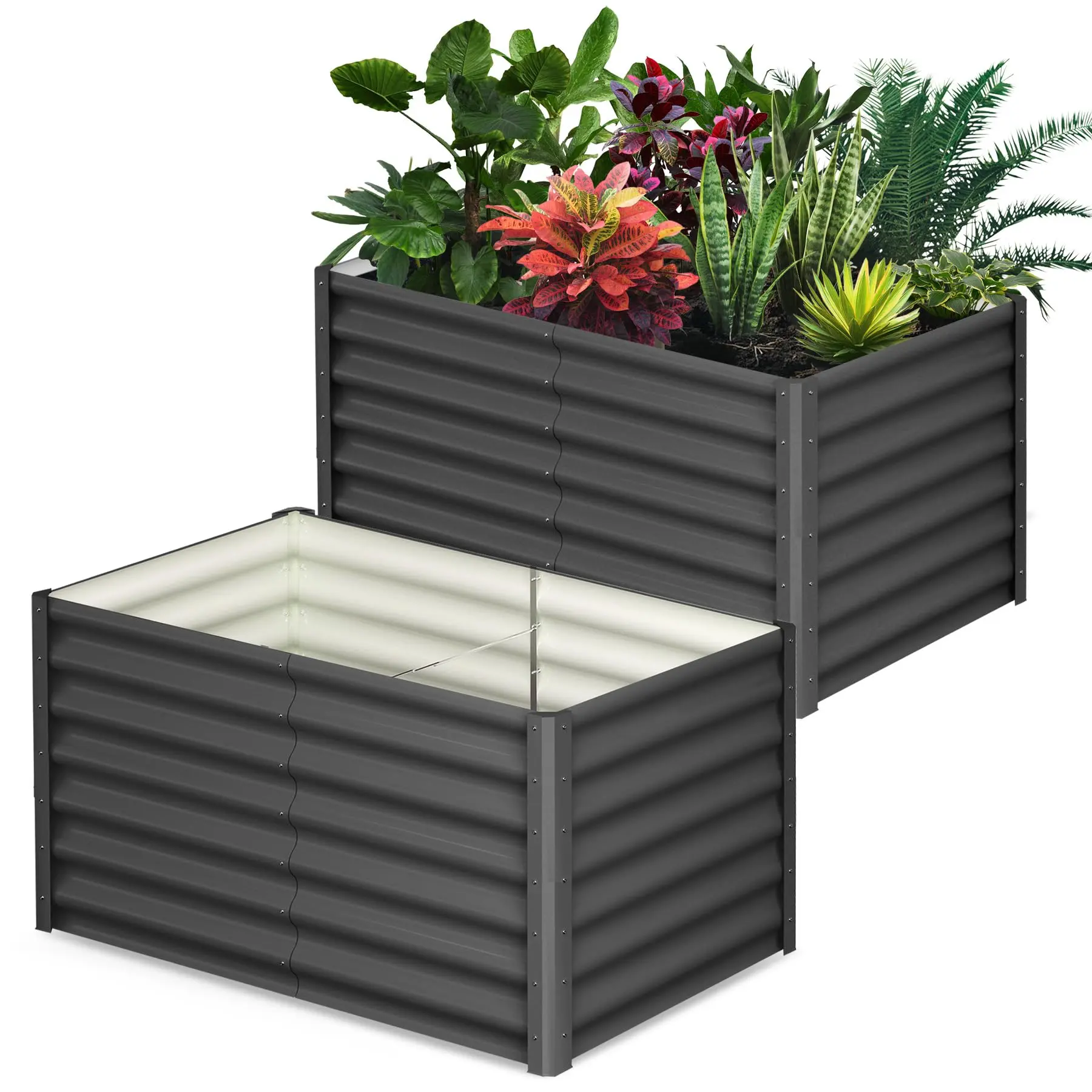 Garvee Heavy-Duty Galvanized Metal Raised Garden Bed Set – Large Outdoor Planter Boxes with Open Base, Safety Edges, Support Bars, Gloves – Ideal for Vegetables, Flowers, Herbs – White & Dark Grey