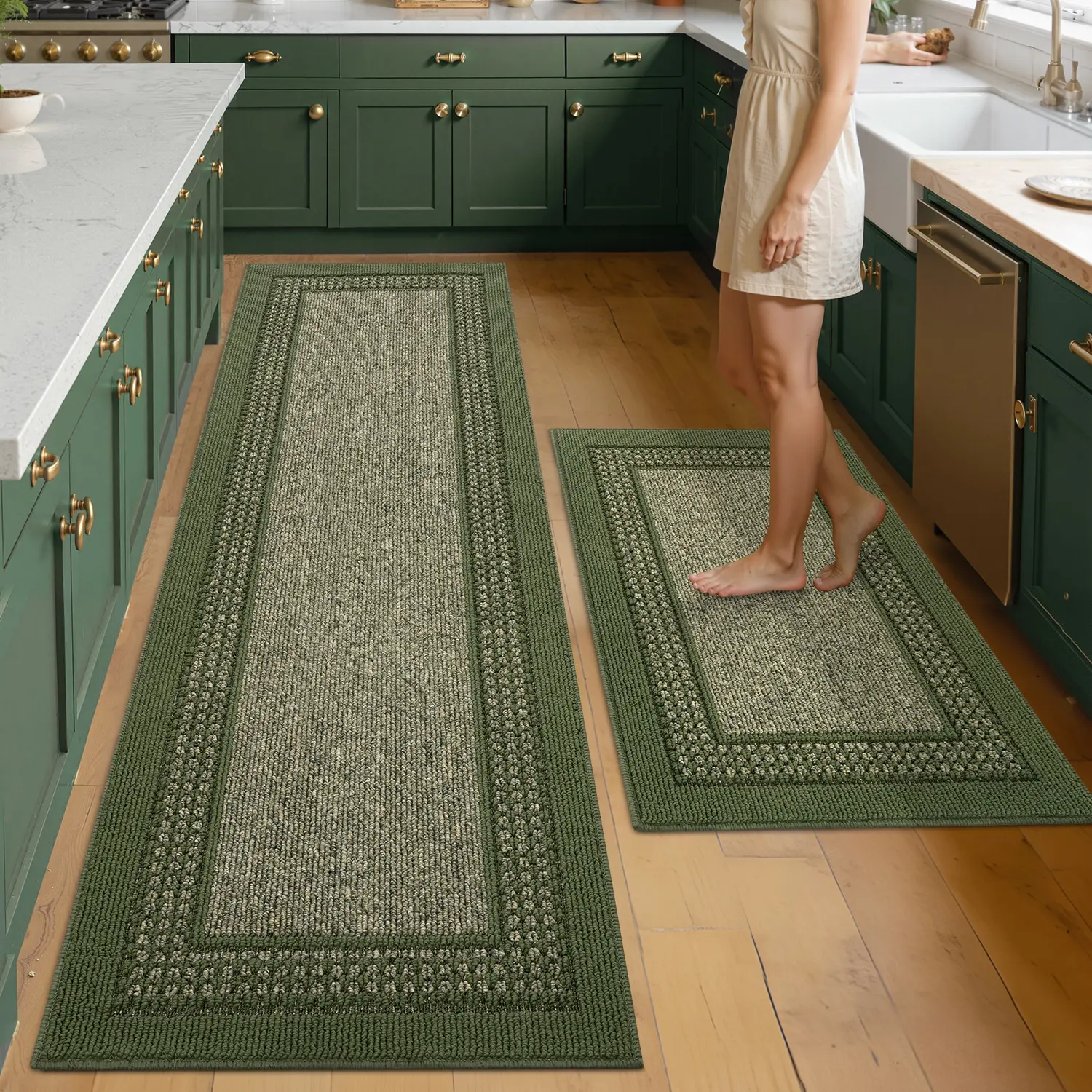 Hicorfe 2-Piece Ribbed Polypropylene Washable Kitchen Rugs, Antislip Back Wrinkle Resistant Stain-Fade Resistant Low-Pile Mats for Kitchen Entryway | Multi Sizes & Colors Pet Friendly Back to School Home Decor Essentials