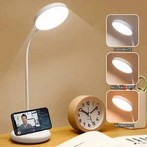2-in-1 LED Desk Lamp with Phone Stand, Light Dimmable, 360° Flexible Gooseneck, 3 Color Temperatures, Adjustable Leds, Dimmable Touch Control, USB Rechargeable 800mAh Battery, Eye-Care Lamp for Study, Dorm, Office, Bedroom