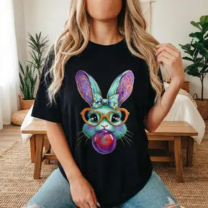 Unisex Happy Easter Bunny Cotton T-Shirt featuring Coquette Bow Brushstroke Design Casual and Classic Top