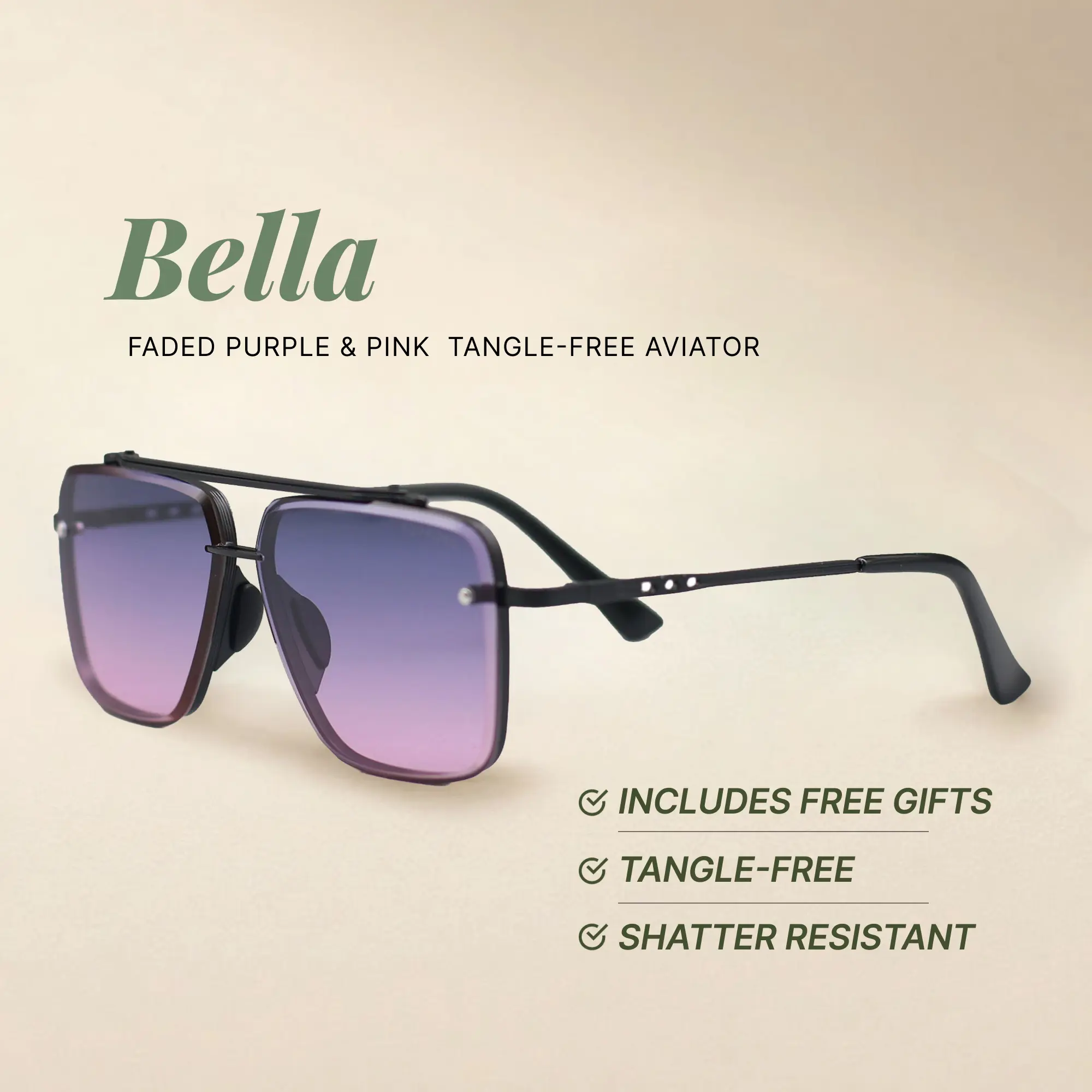 Bella - Faded Purple & Pink - Tangle Free Aviator Sunglasses - Certified Shatter-Resistant Lenses - UV400 - For Women & Men