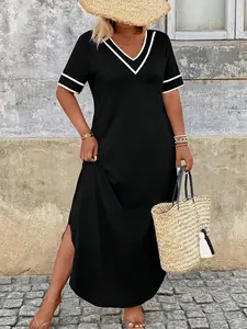 Plus Size Color Block Trim Dress | Casual Vacation Style | Chic Everyday Summer Dress