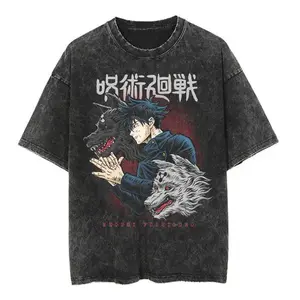 Vintage Washed Black Jujutsu Kaisen Megumi Fushiguro Graphic T-Shirt Unisex, Retro Distressed Oversized Crew Neck Short Sleeve Tee, Anime Manga Streetwear Casual Top for Men Women, Outdoor Daily Wear