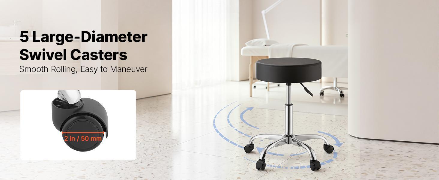 VEVOR Durable Rolling Stool with Wheels, 500 lbs Capacity, Height-Adjustable via Reinforced Gas Lift Cylinder, Thick Cushion Ergonomic PU Leather Seat, 360° Swivel Round Chair for Salon, Clinic, Black#BackToSchool