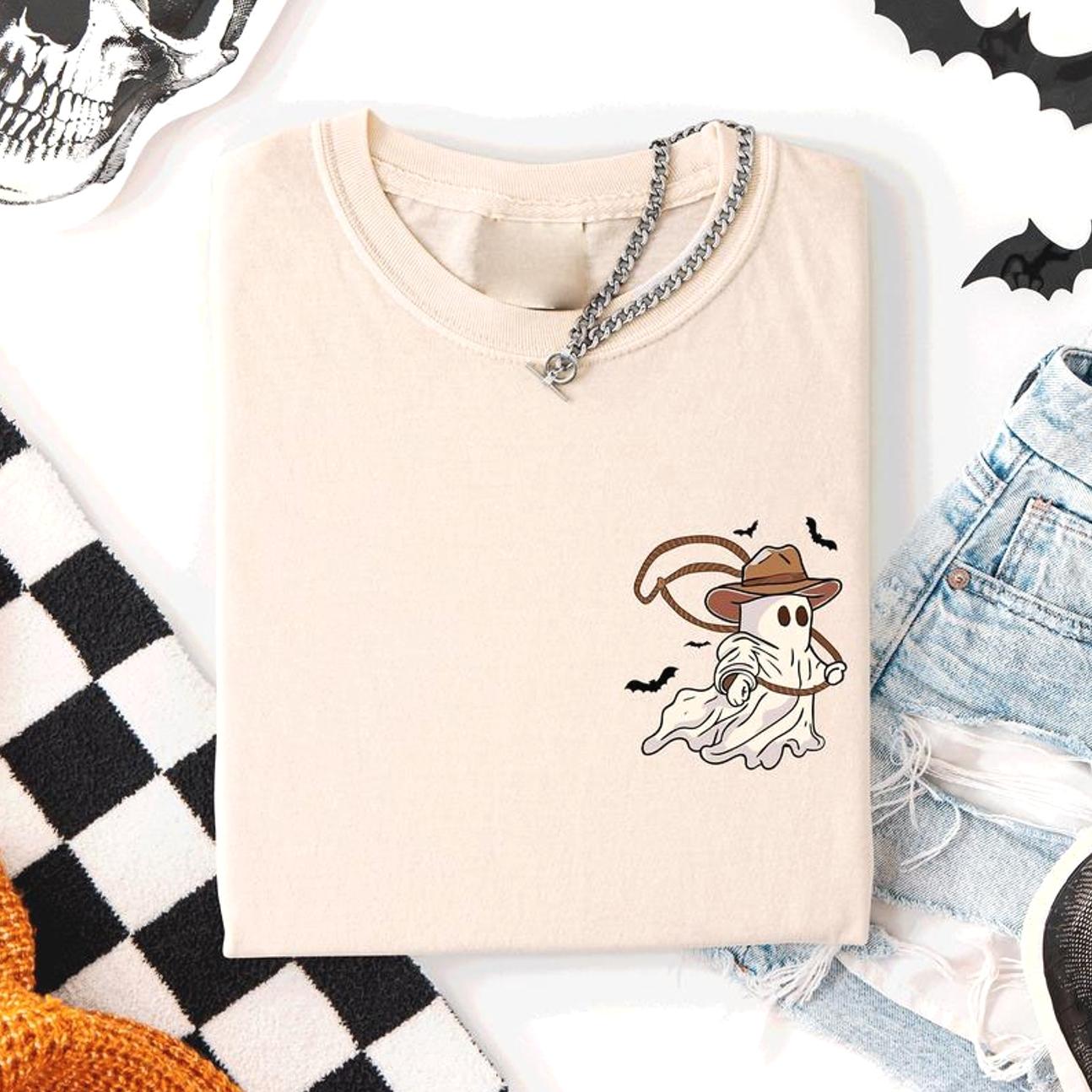 Cute Western Ghost Shirt, Cowboy Hat Rodeo Spirit Tee, Funny Halloween Ghost T-Shirt for Men and Women