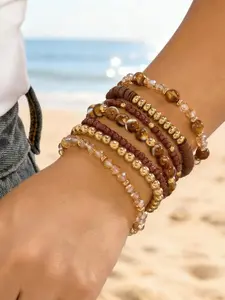 7-Piece Bohemian Earthy Vacation Style, Casual Versatile Bohemian Crystal Polymer Beaded Bracelets Set, Perfect for Everyday Wear